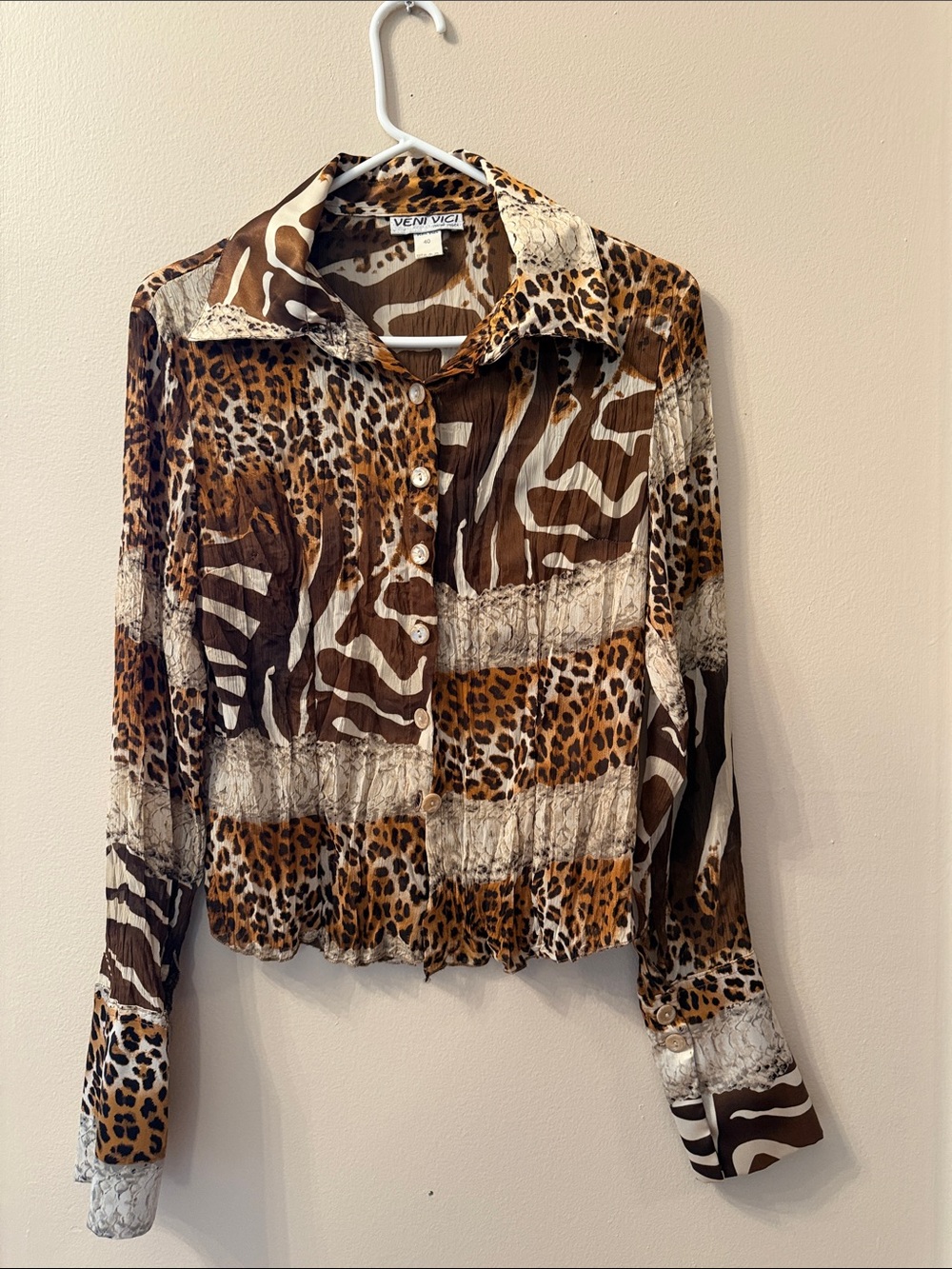 Brown Animal Print Button-Down Shirt sheer silky shirt and satin collar & sleeve